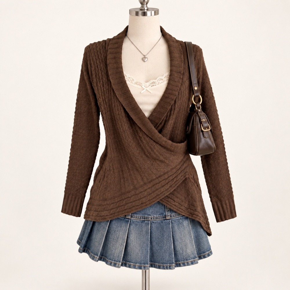 Vintage Wrap Front Sweater Women XL Brown Knit Y2K Indie Sleaze Grunge Earthy